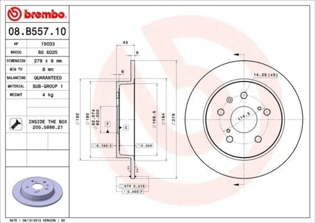 Disque de frein plein Brembo 08.B557.10 haute résistance thermique OE