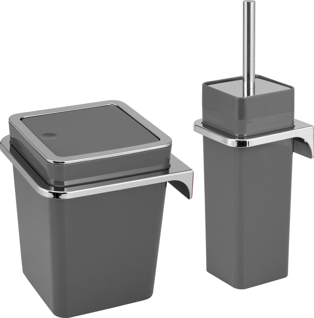 bremermann 2tlg. Bad-Set SAVONA , Kosmetikeimer 6 Liter und WC-Garnitur mit Wandhalterung, eckig grau