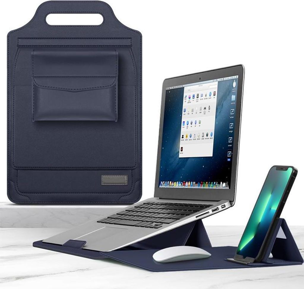 Multifunktionale Laptop-Tasche, Tragbare Halterung, PolyurethanWasserdicht, Faltbarer Ständer mit Handyhalterung, 13-14 inch, Blau