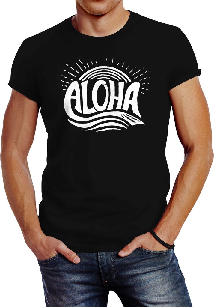 Herren T-Shirt Aloha Wellen Surfing Sommer Slim Fit Neverless schwarz S