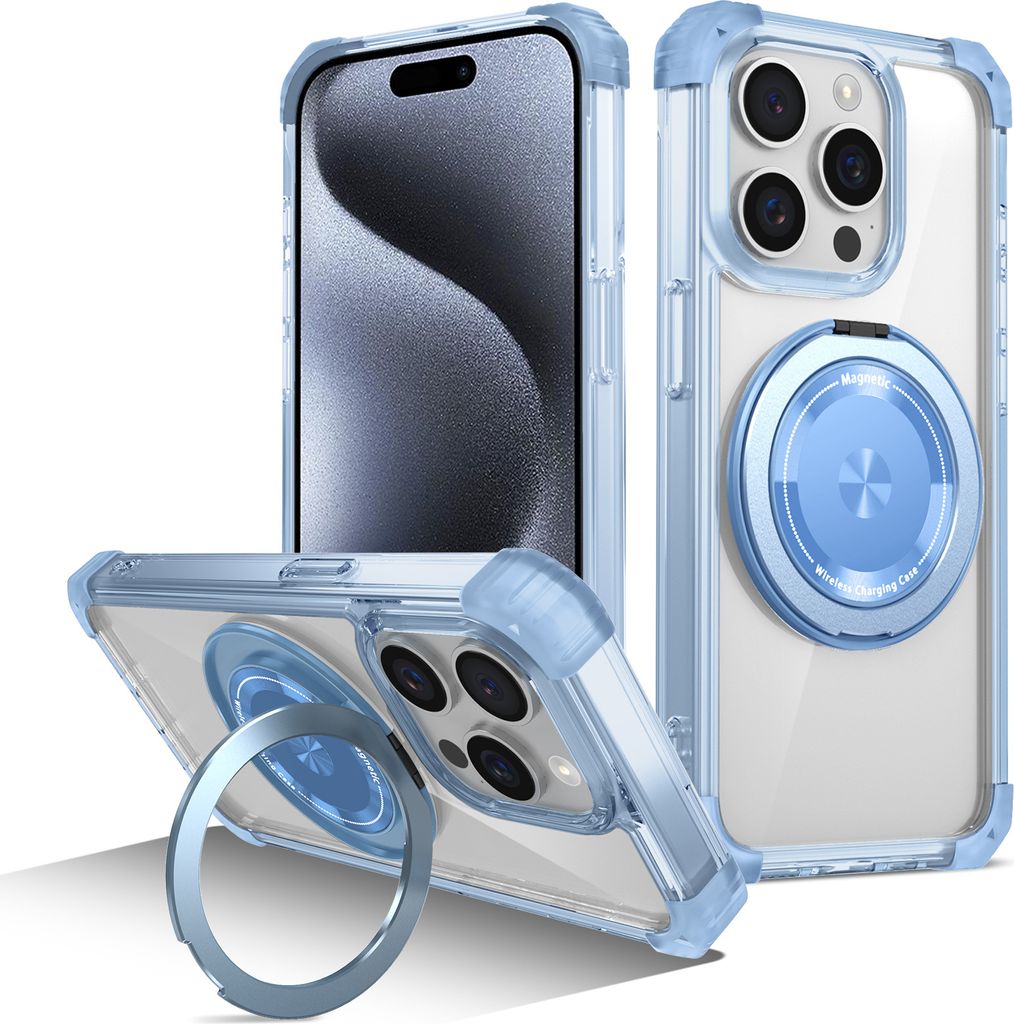 Handyhülle für iPhone 13 Pro Magnetisches Ringhalter Ständer Kompatibel mit Magsafe Militärschutz Transparente Hülle Blau
