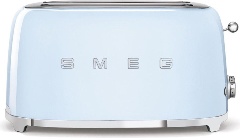 A front view of a light blue Smeg toaster.