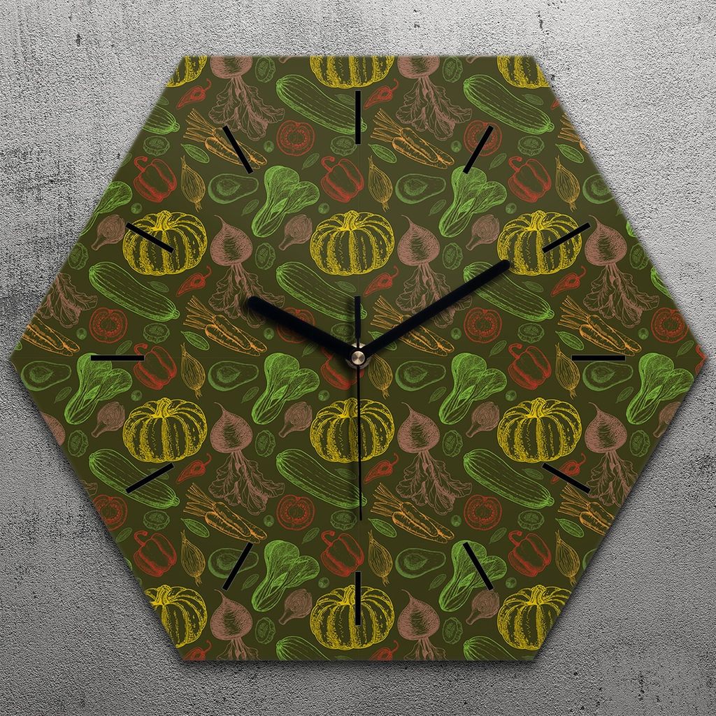 Uhr hexagonal 40 cm Glas Geräuschlos schwarze Zeiger - Gemüse