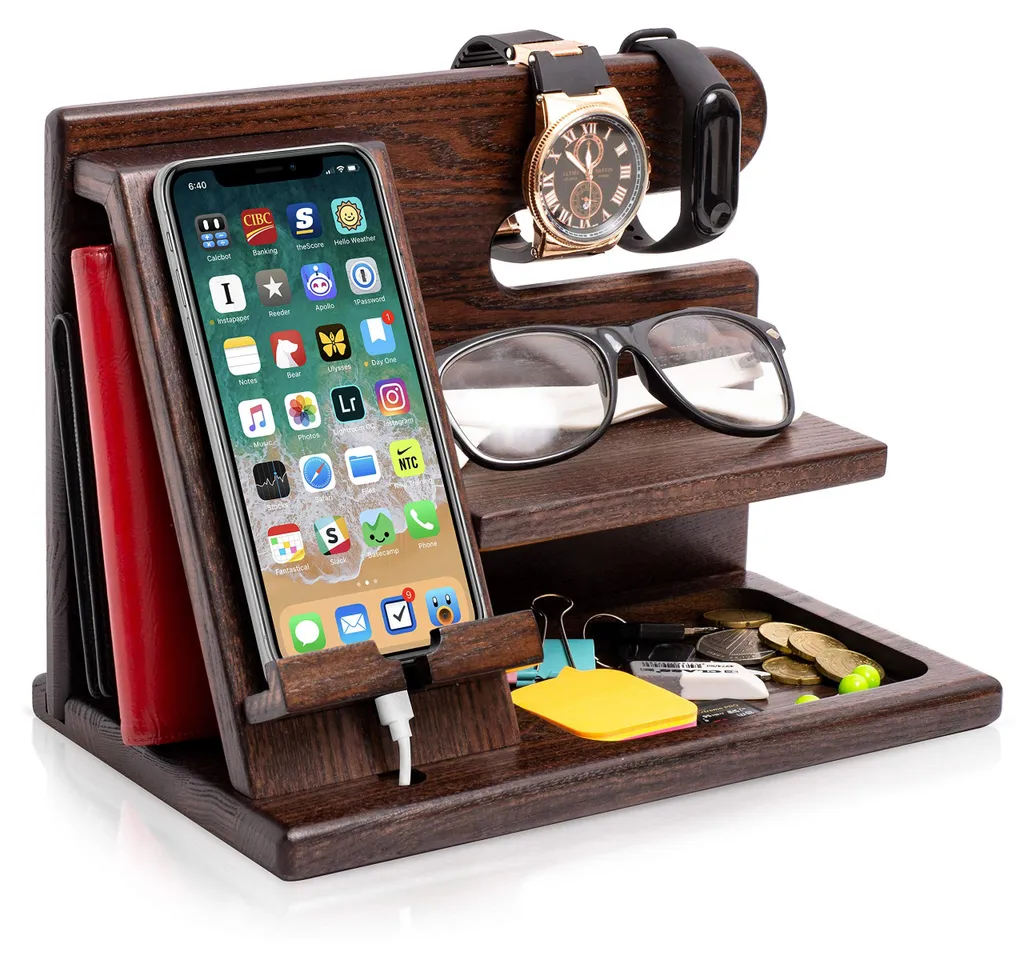 Organiseur de bureau en bois massif avec support smartphone et clés
