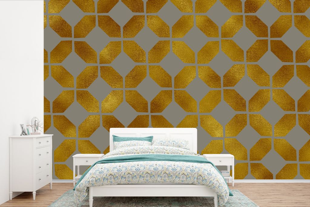 MuchoWow Fototapete für Wohnzimmer oder Schlafzimmer Wandtapete Vinyl Motivtapete Muster - Gold - Figur - Grau - 600x400 cm - Vinyltapeten