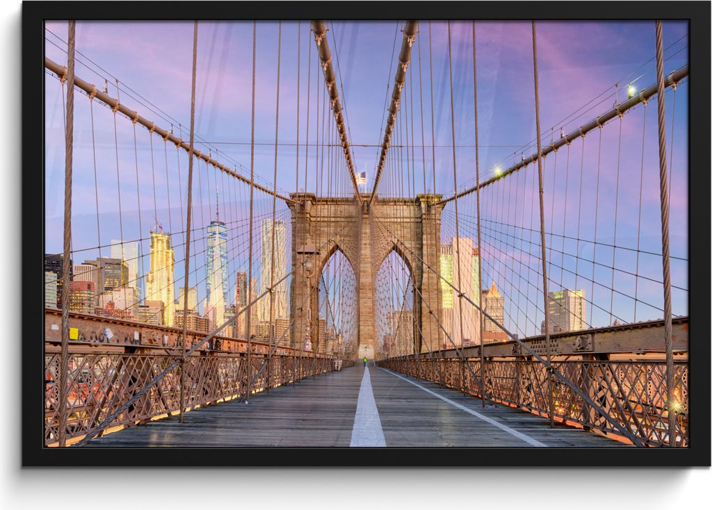 MuchoWow MuchoWow Gerahmtes Poster New York - Sonnenuntergang - Brooklyn Bridge 60x40 cm - Poster mit zchwarzem Bilderrahmen - Printing - Wandd...