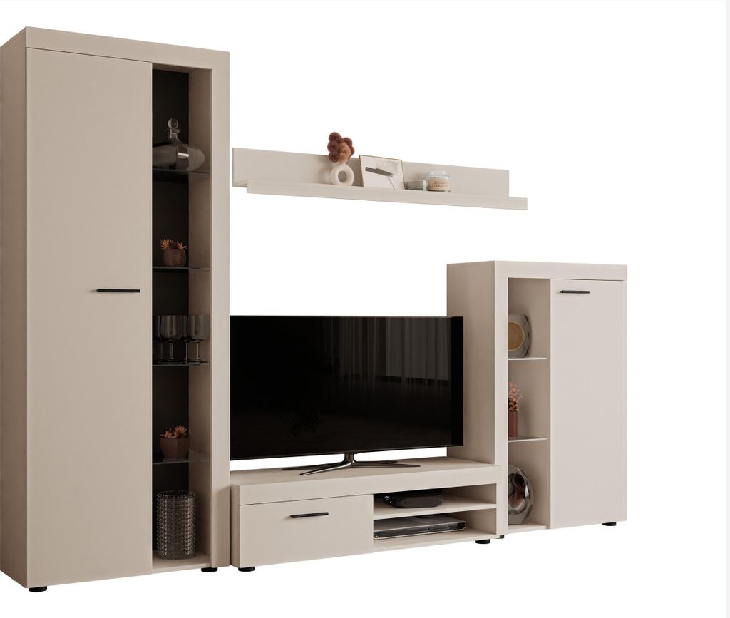 MIRJAN24 Wohnwand Farso, Design Wohnzimmer-Set, Schrankwand, Mediawand, Modernes Anbauwand (ohne Beleuchtung, Sandbeige)