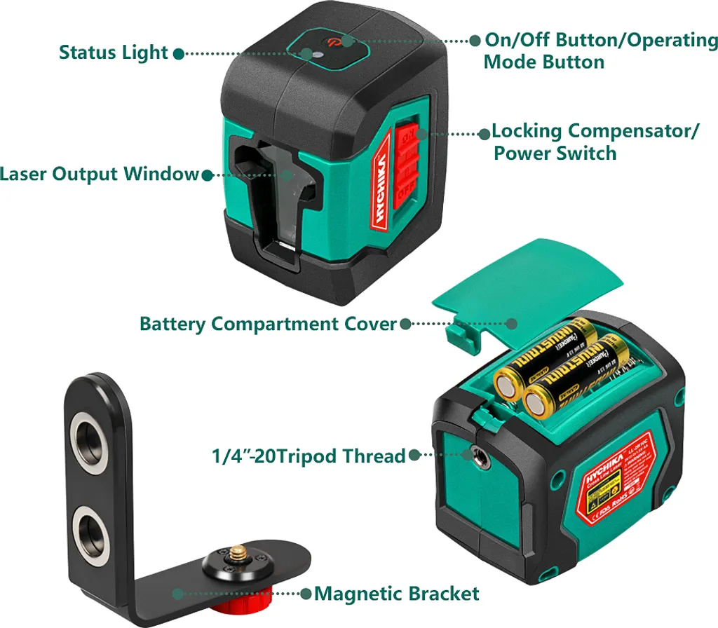 Niveau laser en croix vert Hychika LL2R10C, 15m, autonivelant avec support