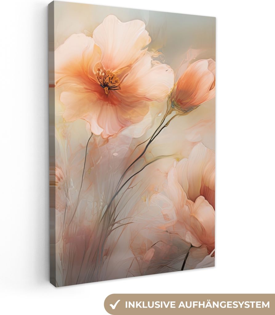 MuchoWow - Leinwandbilder - Blumen - Pastell - Kunst - Mohnblumen - Aquarell, Wandbild, Wanddeko Bilder Wohnzimmer, 40x60 cm