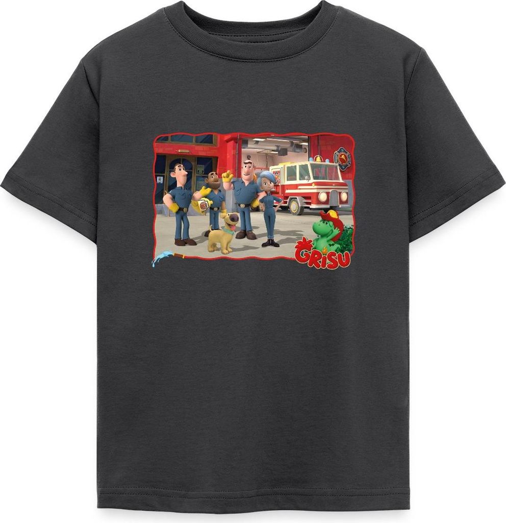 Spreadshirt Grisu Der Kleine Drache Mit Feuerwehr Und Hund Stuffy Kinder T-Shirt, 98/104 (3-4 Jahre), Dunkelgrau