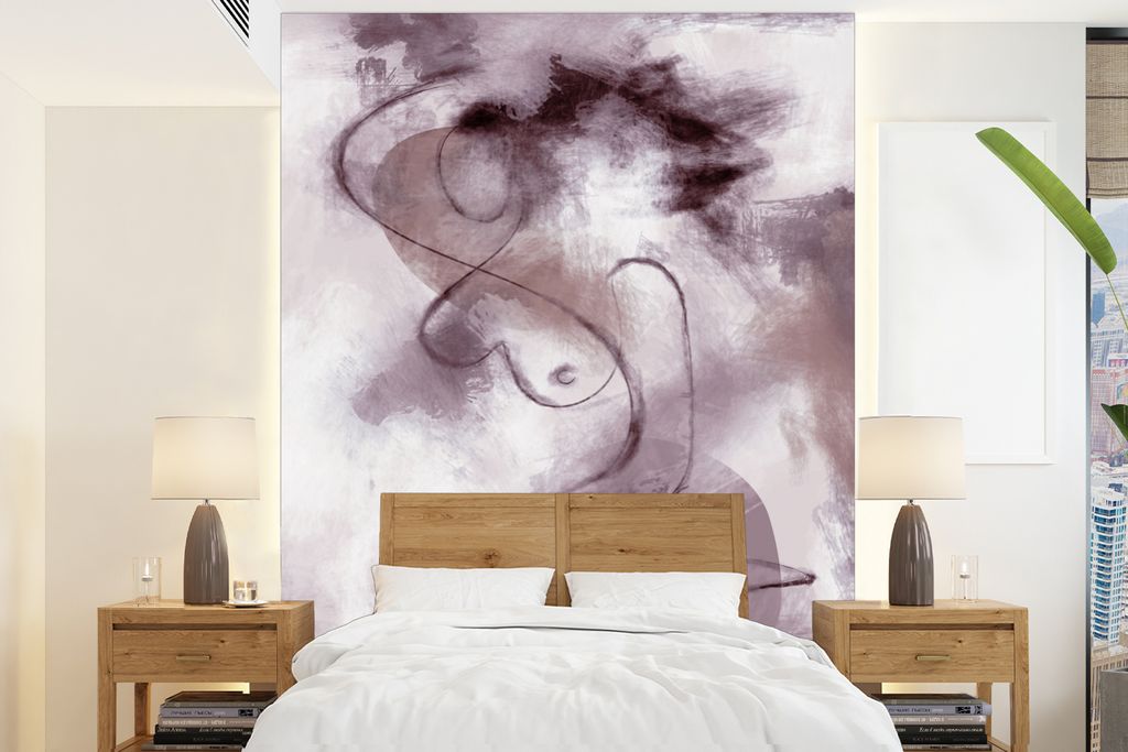 MuchoWow Fototapete für Wohnzimmer oder Schlafzimmer Wandtapete Vinyl Motivtapete Frau - Abstrakt - Linienkunst - Porträt - Lila - 190x260 cm -...
