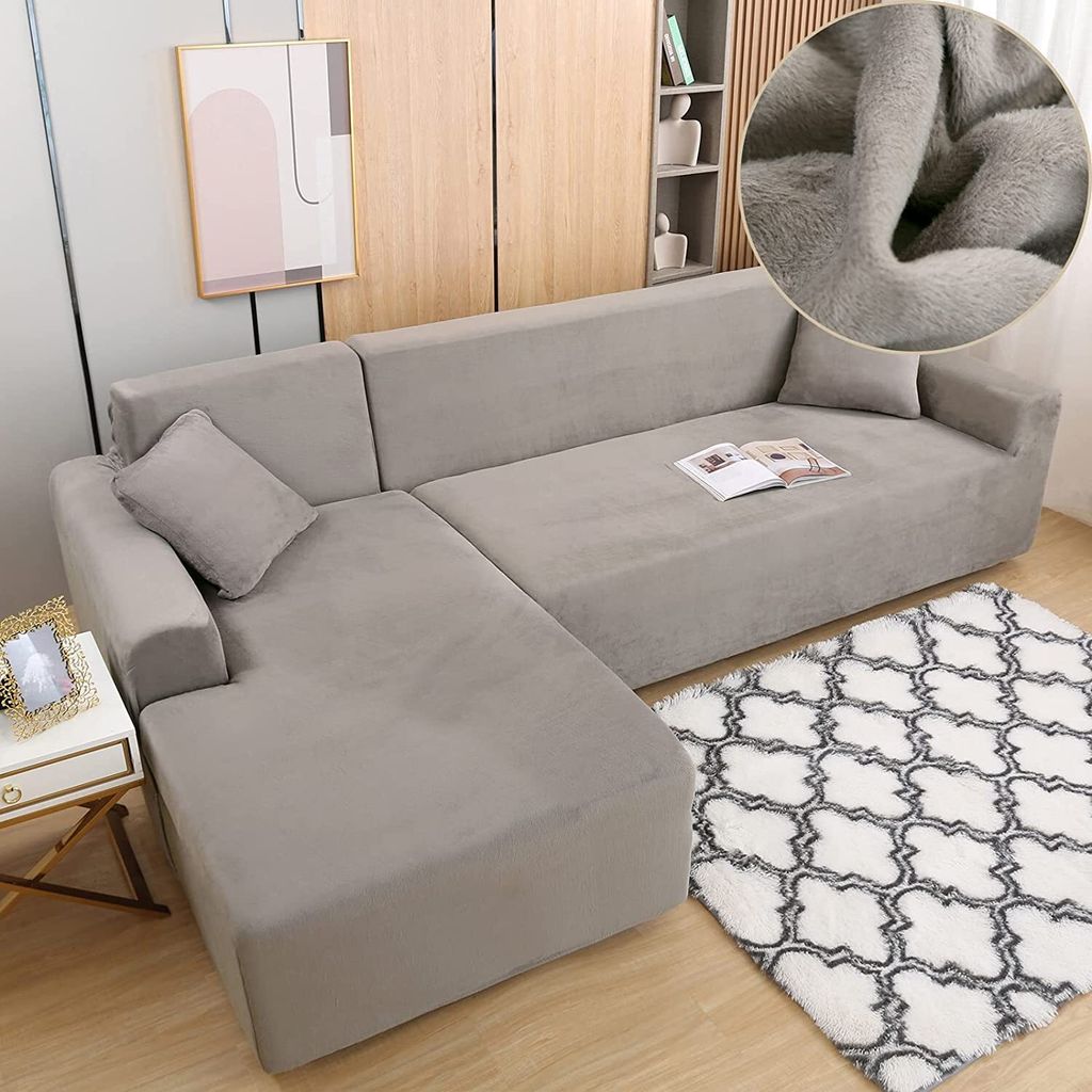 L-förmige Sofa-Schonbezüge, Stretch dicker Plüsch-Ecksofabezug mit 2 Kissenbezügen für 3-Sitzer + 3-Sitzer-L-Typ-Sofa-Couch Sofabezug,Grau