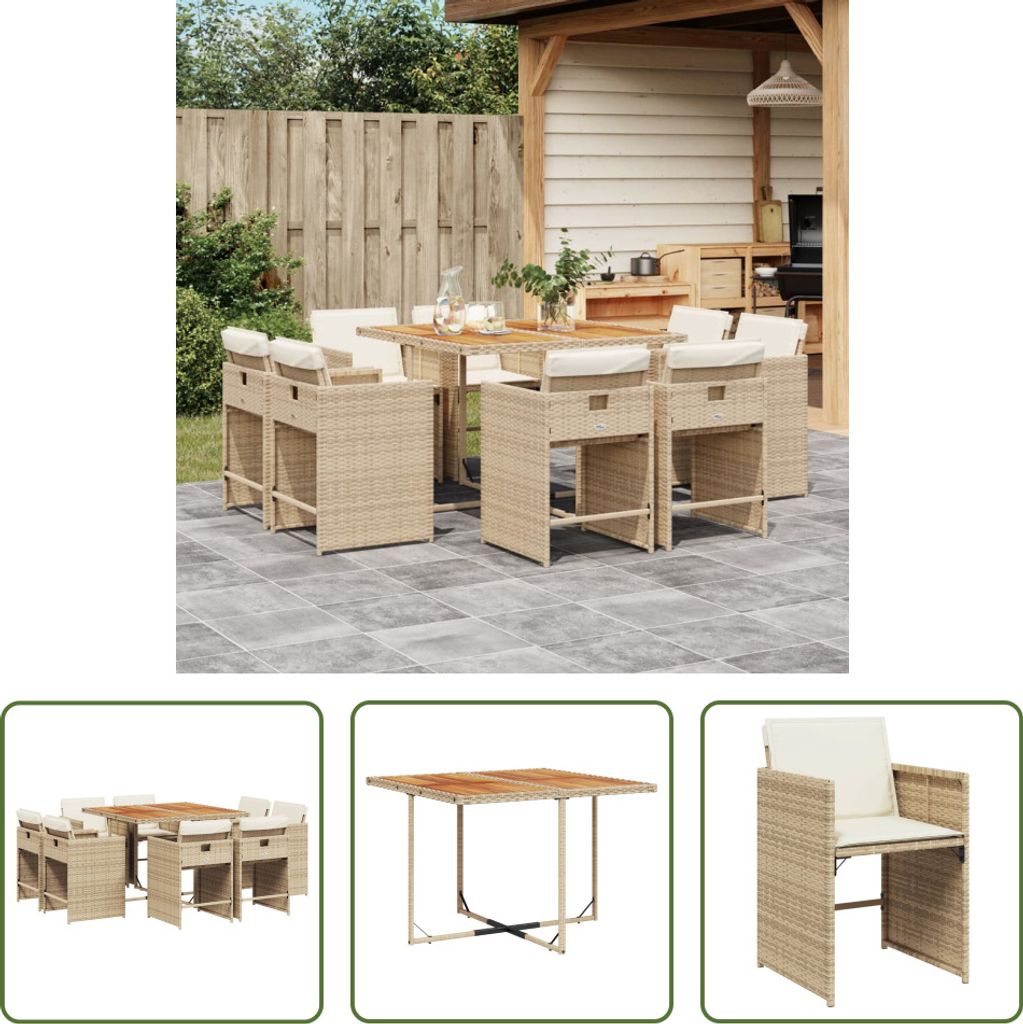 The Living Store 9-tlg. Garten-Essgruppe mit Kissen Beige Produktbild 