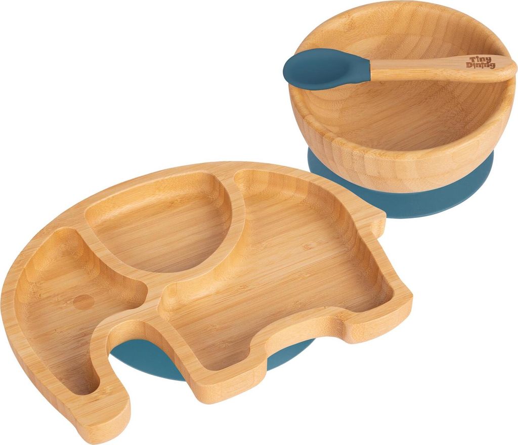 3pc Navy Blau Kinder Bambus Elefant Teller, Schüssel & Löffel-Set mit Silikon-Saugnapf - Segmentiertes Design Baby & Kleinkind Entwöhnung Geschi...