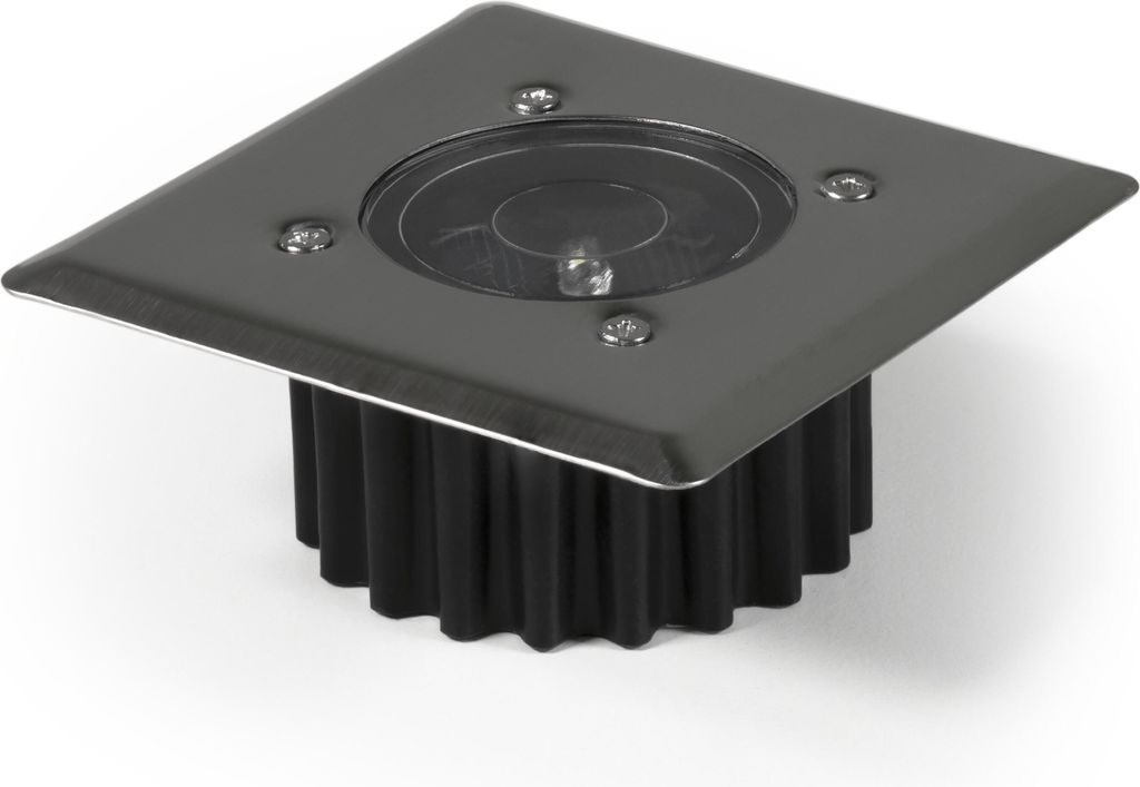 A square solar ground light with a metallic top and a black ribbed base.