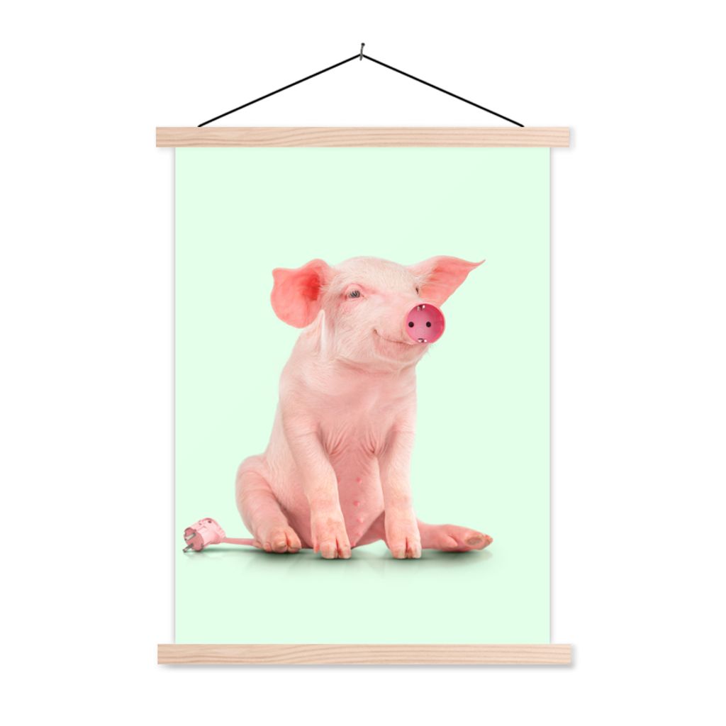 MuchoWow Textilposter Schwein - Rosa - Sockel - Tiere 40x53 cm mit holzfarbenen Rahmen - Schlafzimmer
