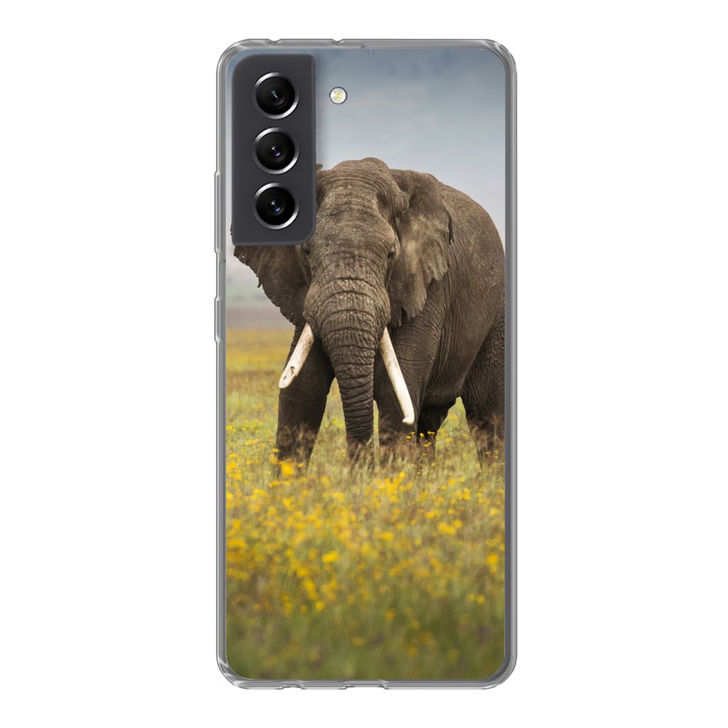MuchoWow Handyhülle Schutzhülle Hülle für Samsung Galaxy S21 FE Elefant - Blumen - Gras - Tiere - Natur Silikon Softcase Handy Hülle - Mobil...