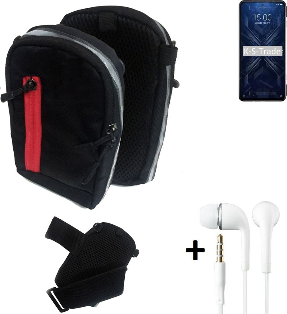 K-S-Trade Outdoor Gürteltasche Holster Umhängetasche + Kopfhörer kompatibel mit Xiaomi Black Shark 4 Pro schwarz Handy Tasche Case travelbag