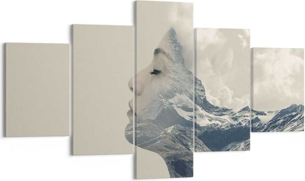 Bild auf Leinwand - Leinwandbild - 5 Teile - Grafik Frau Berge - 125x70cm - Wand Bild - Wanddeko - Wandbilder - Leinwanddruck - Bilder - Wanddekora...