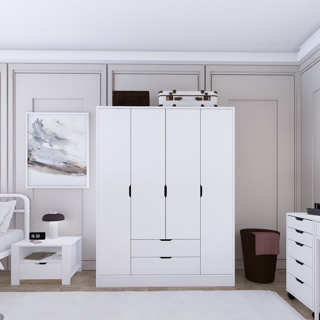 Skye Decor, Duru 4 Door 1600-017, Mattweiß, Kleiderschrank, 140 x 182 x 45 cm, 100 % MELAMINBESCHICHTETE SPANPLATTEN