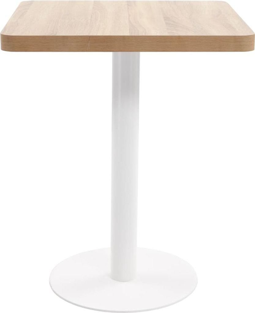 A square bistrot table with a light brown wooden top and a white pedestal base.
