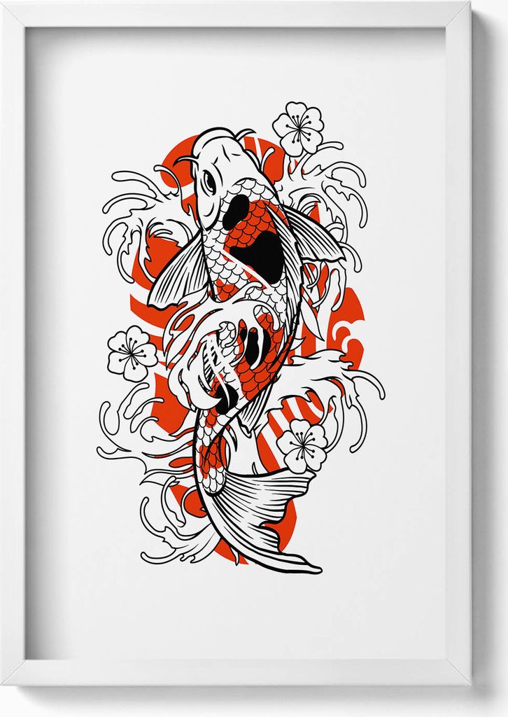 Koi-Fisch-Illustration im japanischen Stil– Wandbild mit Rahmen – Gerahmtes Bild – Wanddekoration – 40x60 cm – Weiß