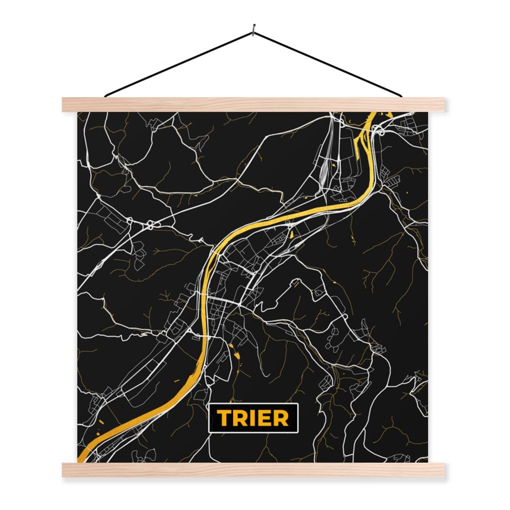 MuchoWow Textilposter Schwarz und Gold - Stadtplan - Trier - Deutschland - Karte 40x40 cm mit holzfarbenen Rahmen - Posterleiste