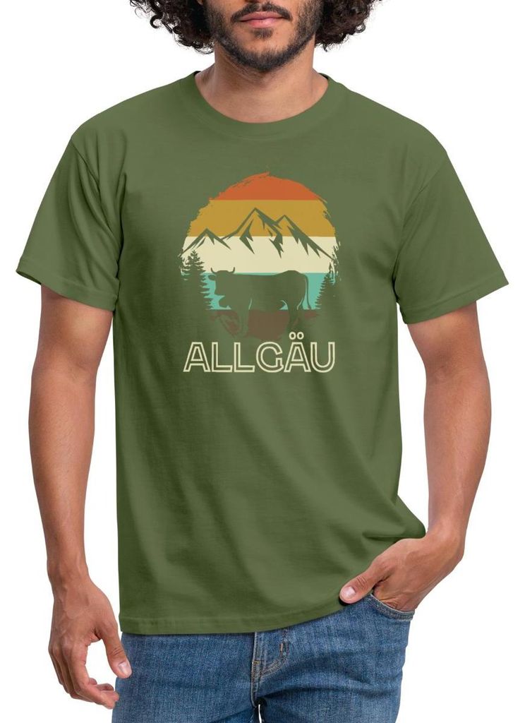 Spreadshirt Allgäu Vintage Berge Und Kuh Retro Männer T-Shirt, S, Militärgrün