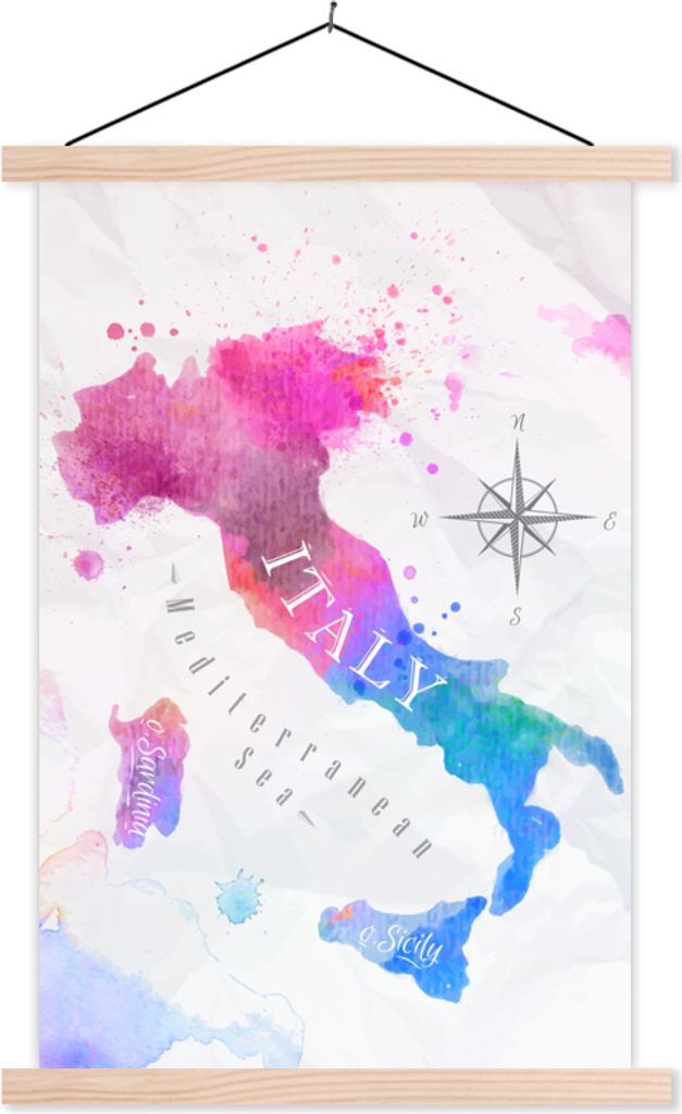MuchoWow Textilposter Karte - Aquarell - Italien 120x180 cm mit holzfarbenen Rahmen - Textil-Plakat