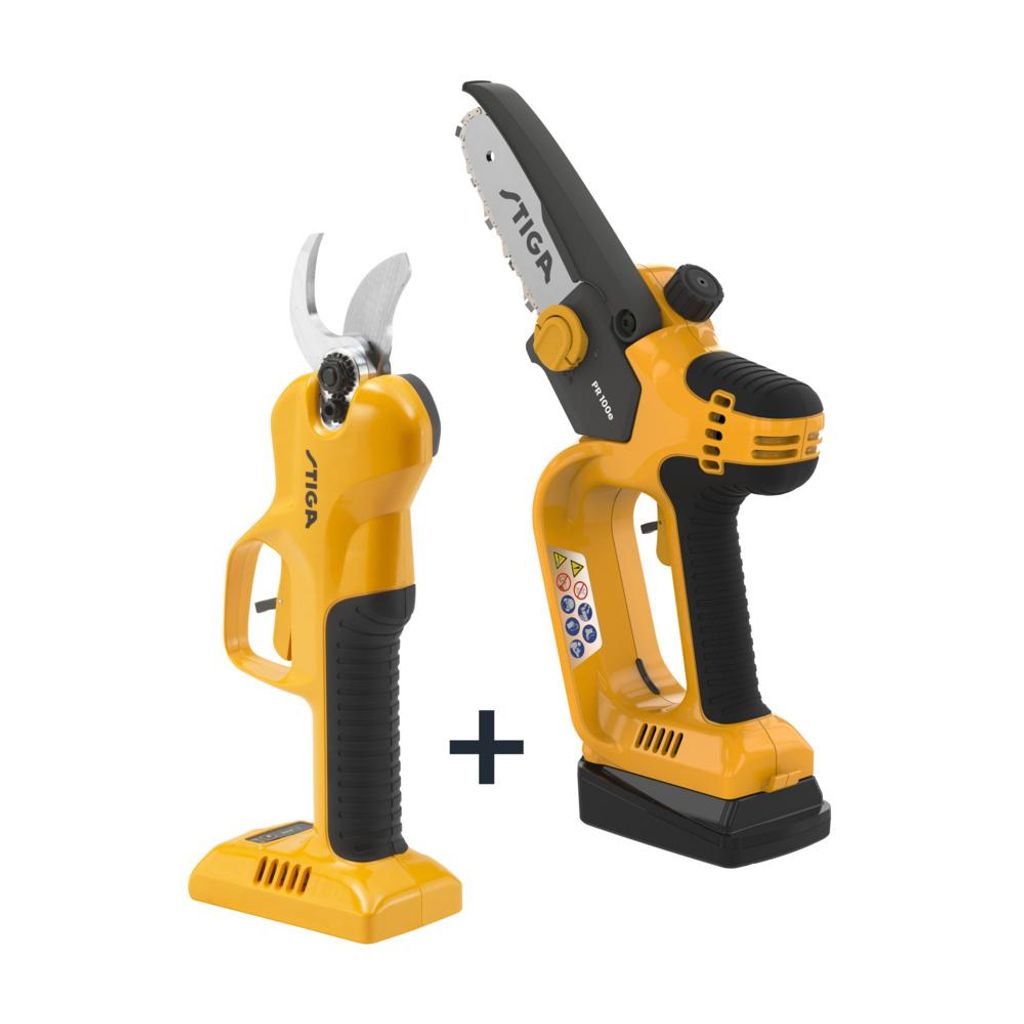 Two cordless garden tools, a pruning shear and a small chainsaw, are shown side-by-side against a white background.