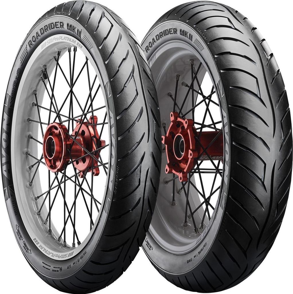 Two motorcycle tires mounted on rims, presented against a white background.