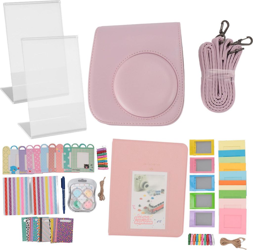Accessoires für Fujifilm Instax Mini 12 Kunstleder Instant Kamera Case Bildalbum Rahmen mit DIY -Aufklebern Farbfilter hellrosa