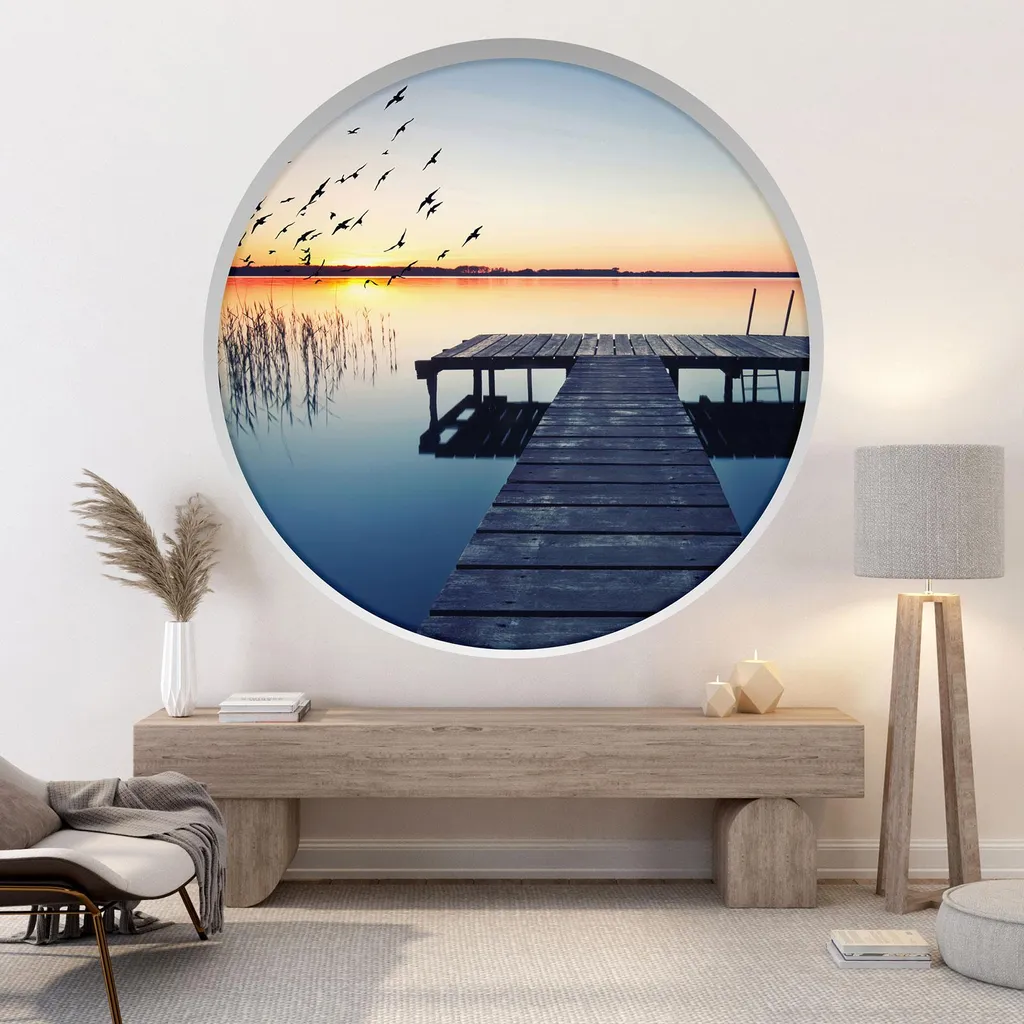Agrandir une Pièce Sticker Trompe l'oeil Arche Ronde Ponton Soleil 130cm