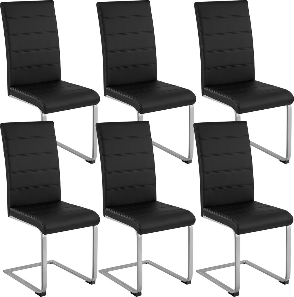 A set of six black dining chairs with silver metal frames are arranged in two rows of three against a white background.