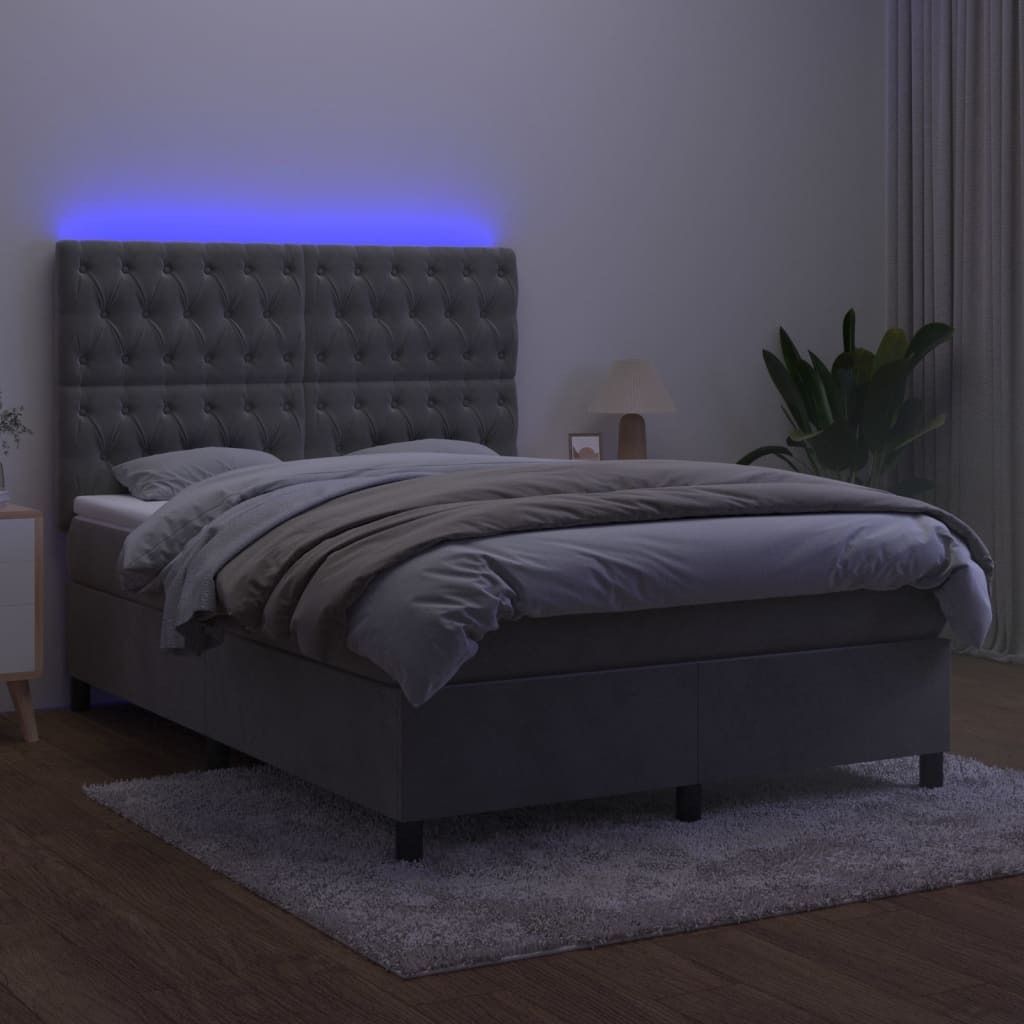vidaXL Boxspringbett mit Matratze & LED Hellgrau 140x190 cm Samt - Boxspringbett - Boxspringbetten - Bett - Betten