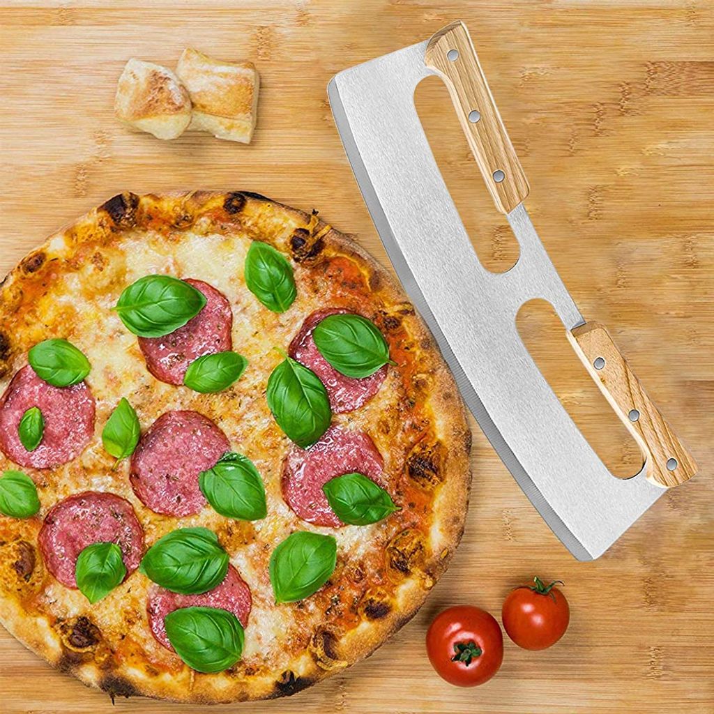 Pizzaschneider mit Holzgriff 35cm Pizza Wiegemesser Klingenwippe aus Edelstahl Pizzamesser 