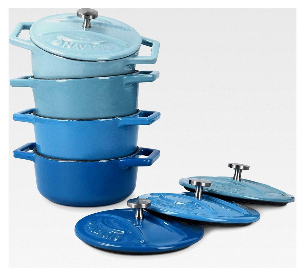Mini Cocotte Set - 4x Gusseisen Mini Töpfe Blau - Optimale Wärmeverteilung - Mini Auflaufform mit Deckel - Kleine Desserttöpfe - Auflaufförmche...