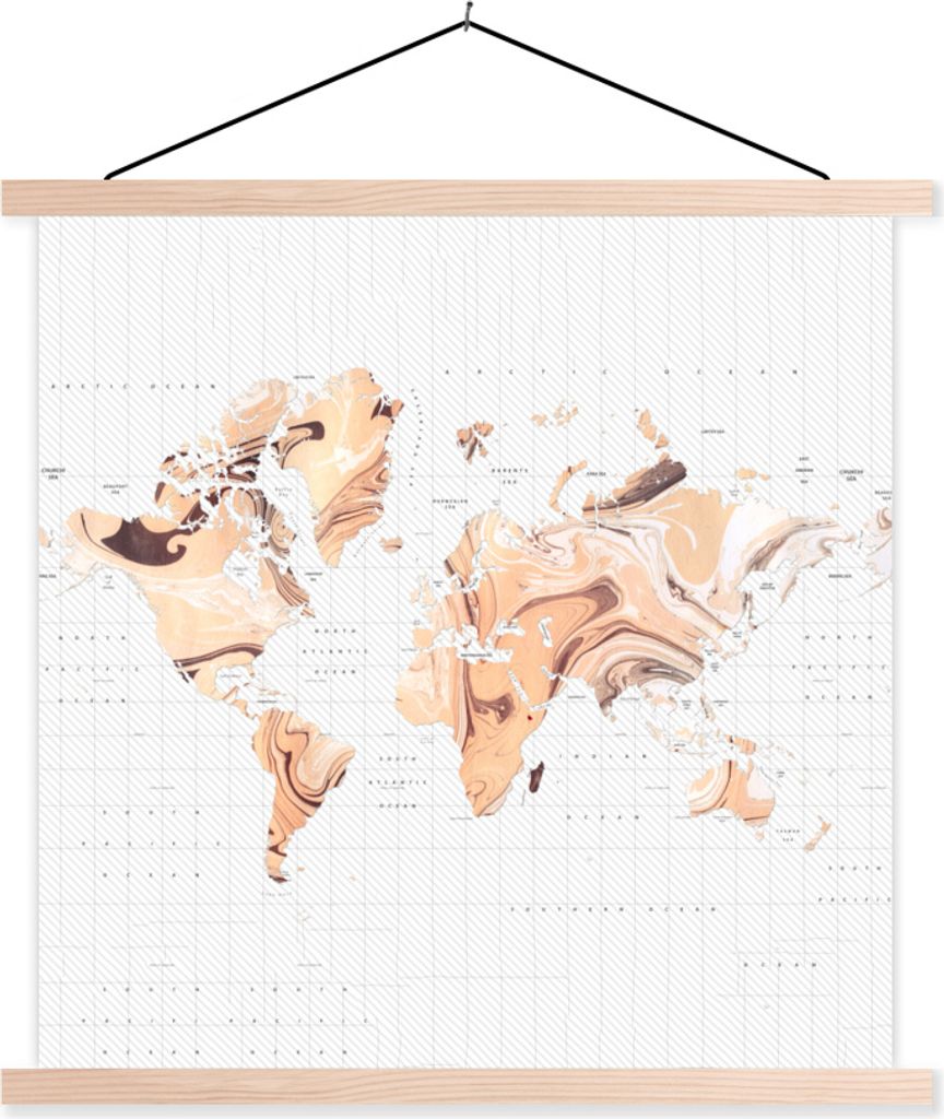 MuchoWow Textilposter Weltkarte - Orange - Braun 40x40 cm mit holzfarbenen Rahmen - Posterleiste