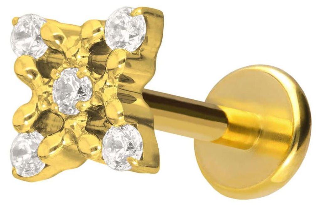 Ohrpiercing, Nasenpiercing Titan Labret mit Push Fit KRISTALLBLUME Gold Stablänge: 8mm | Stabstärke: 1mm