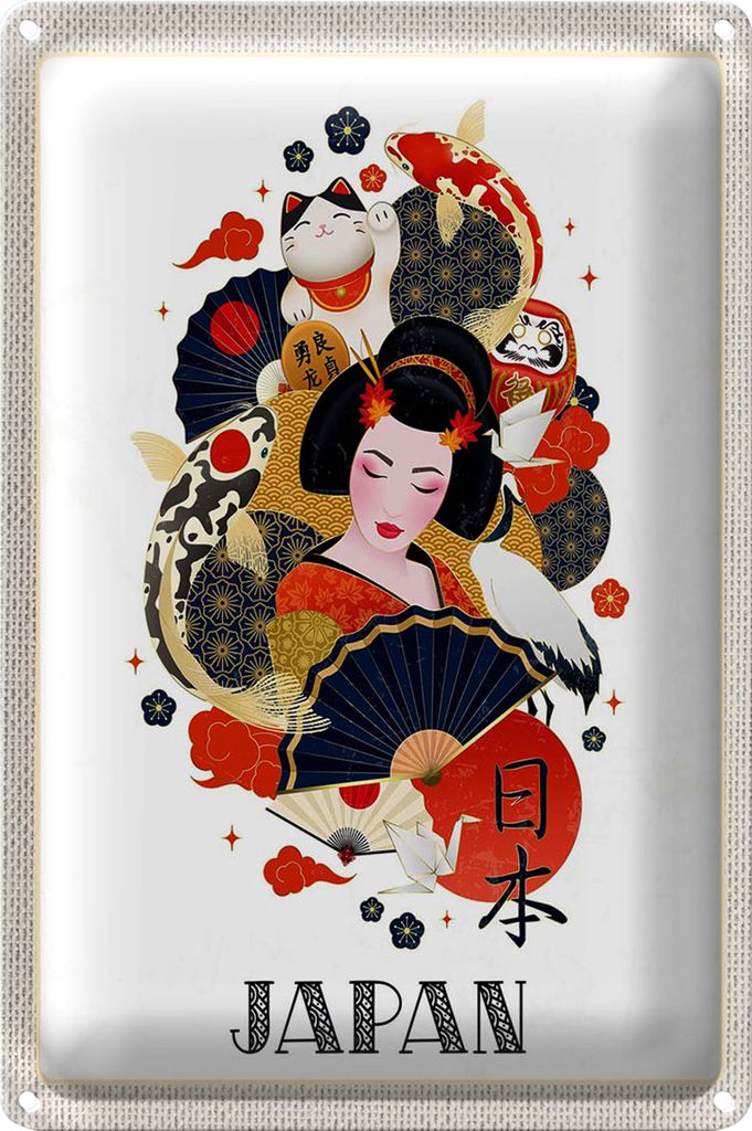 Blechschild Reise 40x30cm Japan Frau Katze Fisch Kunst Kultur