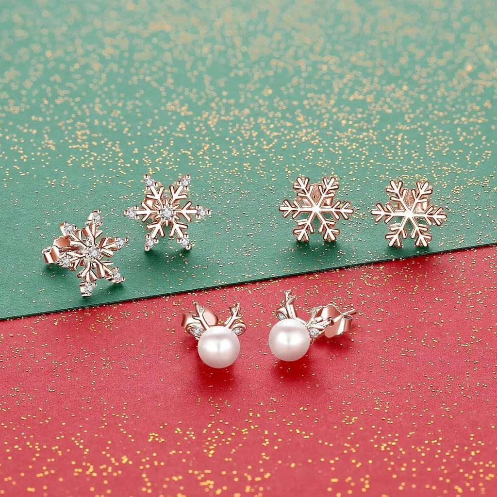 YADOCA 3 Paia Di Orecchini Di Natale In Argento 925 - Set Con Motivi Alce, Albero E Fiocco Di Neve, Ipoallergenici Con Zirconi, Regalo Per Donne - 4