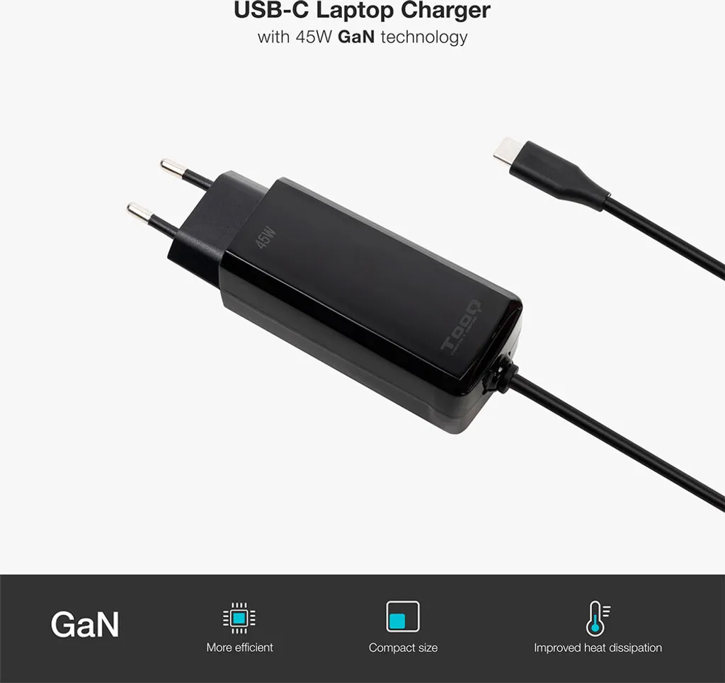 Chargeur USB-C TooQ TQLC-USBCGAN45PD-C 45W pour PC portable compact