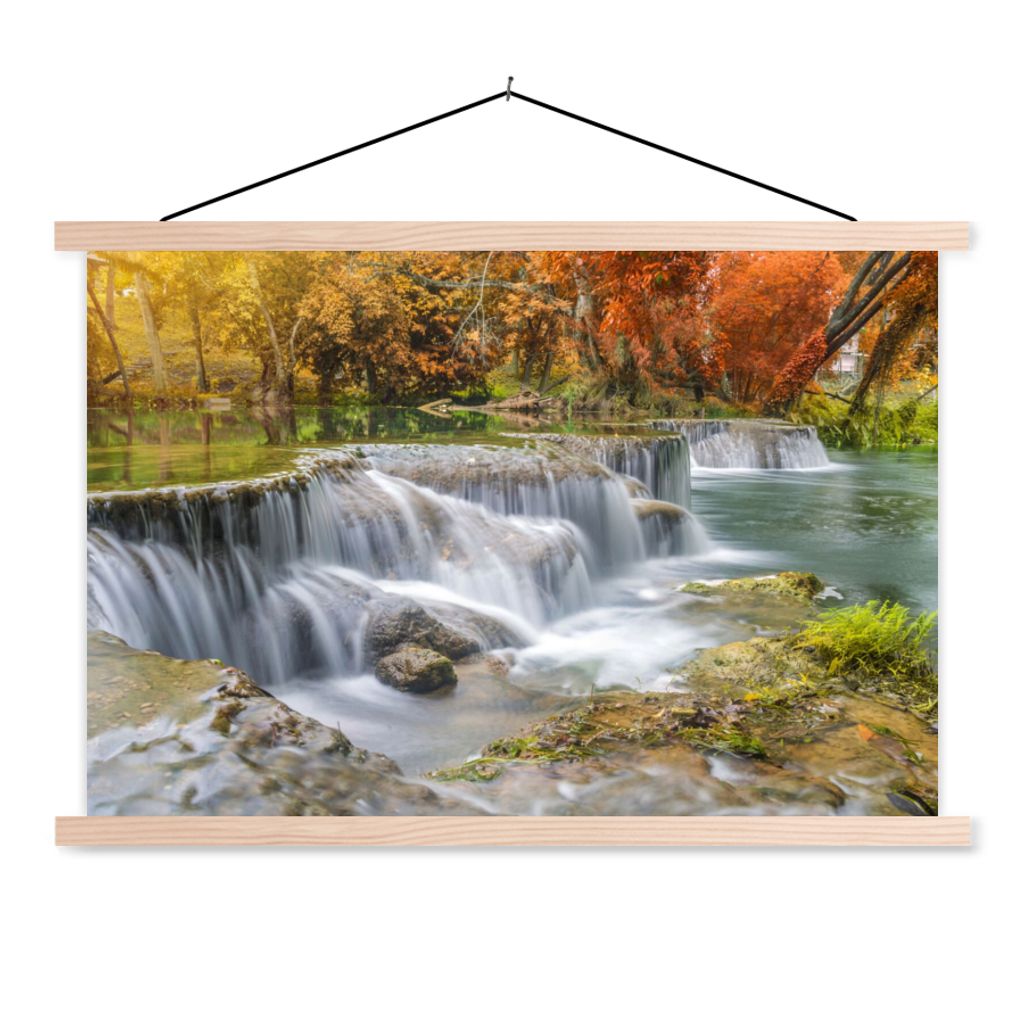MuchoWow Textilposter Herbst - Wasserfall - Natur - Bäume 60x40 cm mit holzfarbenen Rahmen - Bilder