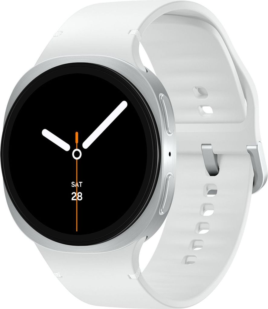 A white smartwatch with a silver bezel is shown on a white background.