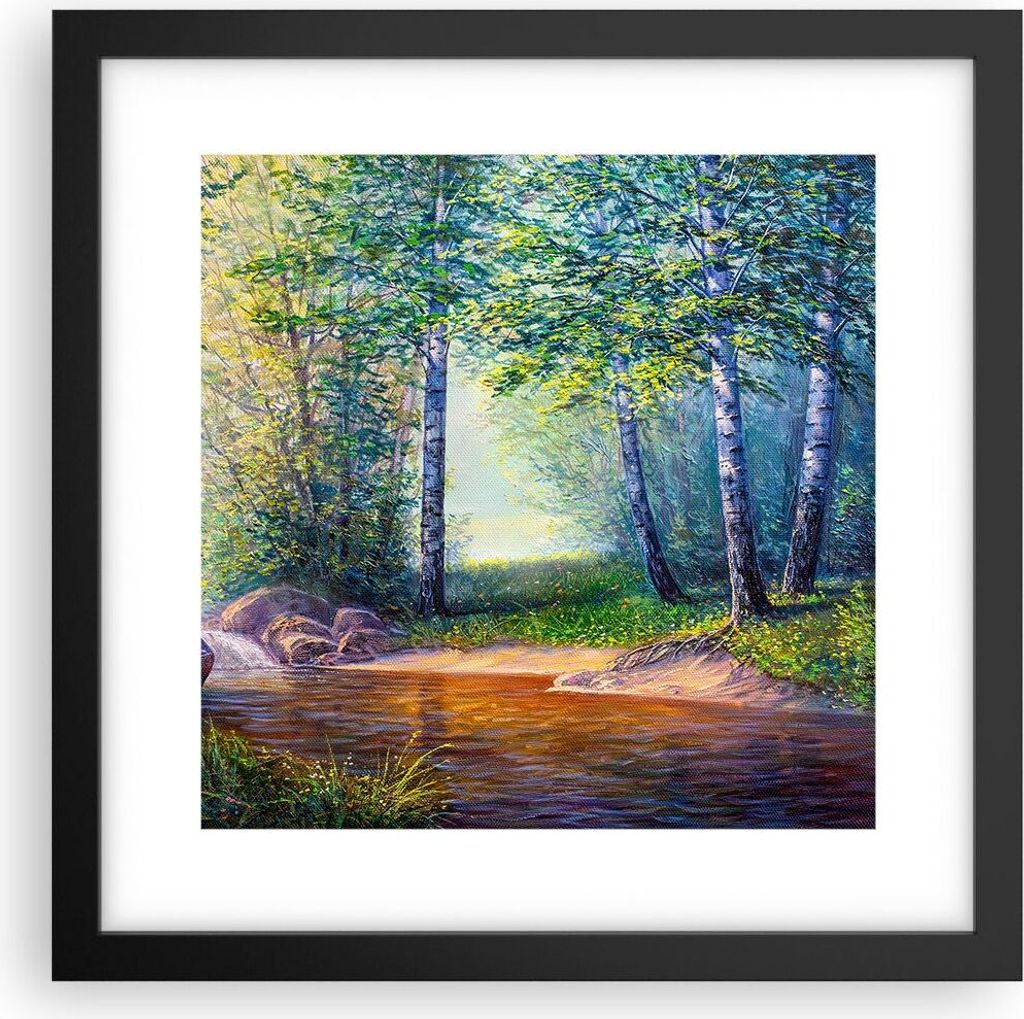 Gerahmtes Poster - Schwarzer Rahmen - Wiese Wasser Baum - 30x30 cm - Wand Bild - Wanddeko - Wandbilder - Kunstposter - Wandposter - Bilderrahmen - ...