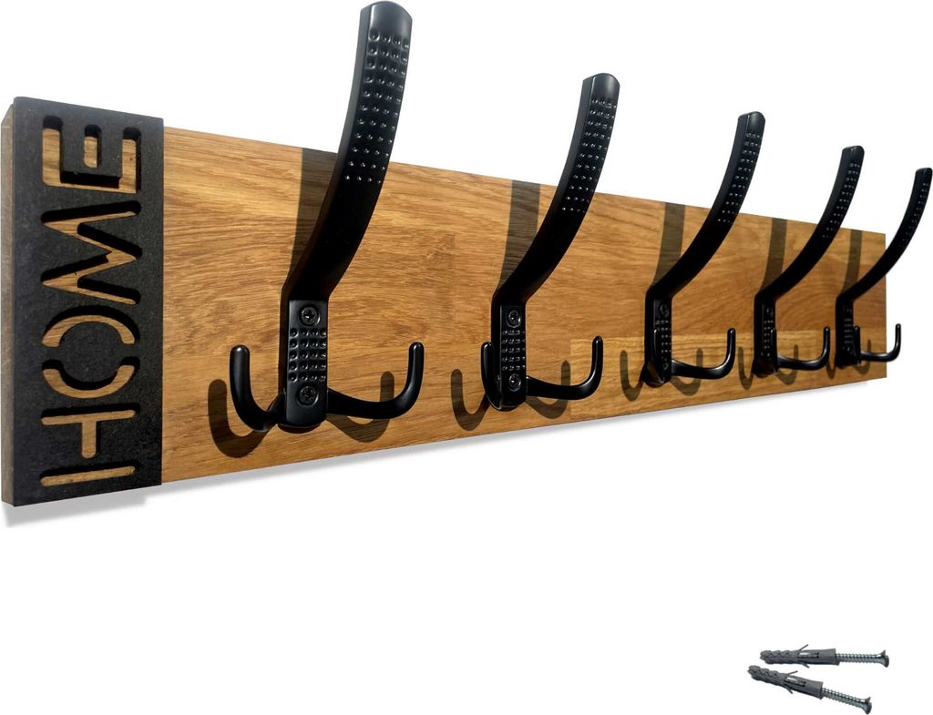 A wooden coat rack with black hooks mounted on a white background.