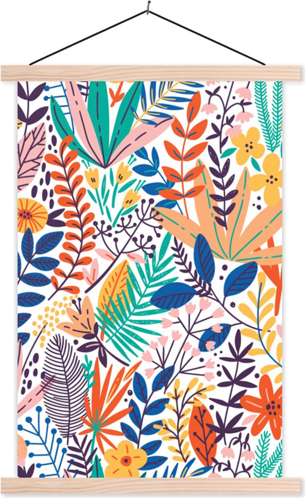 MuchoWow Textilposter Sommer - Pflanzen - Blätter - Muster 60x90 cm mit holzfarbenen Rahmen - Textil