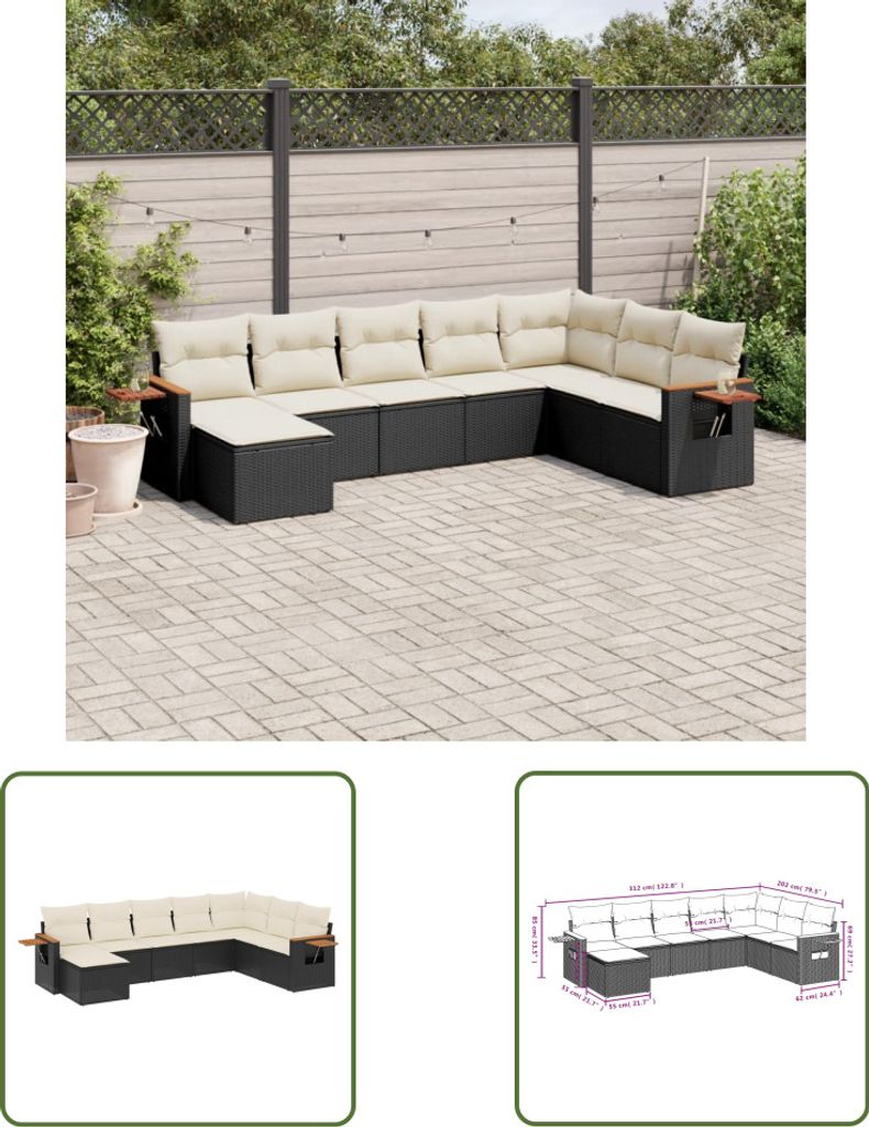 The Living Store 8-tlg. Garten-Sofagarnitur mit Kissen Schwarz Poly Rattan