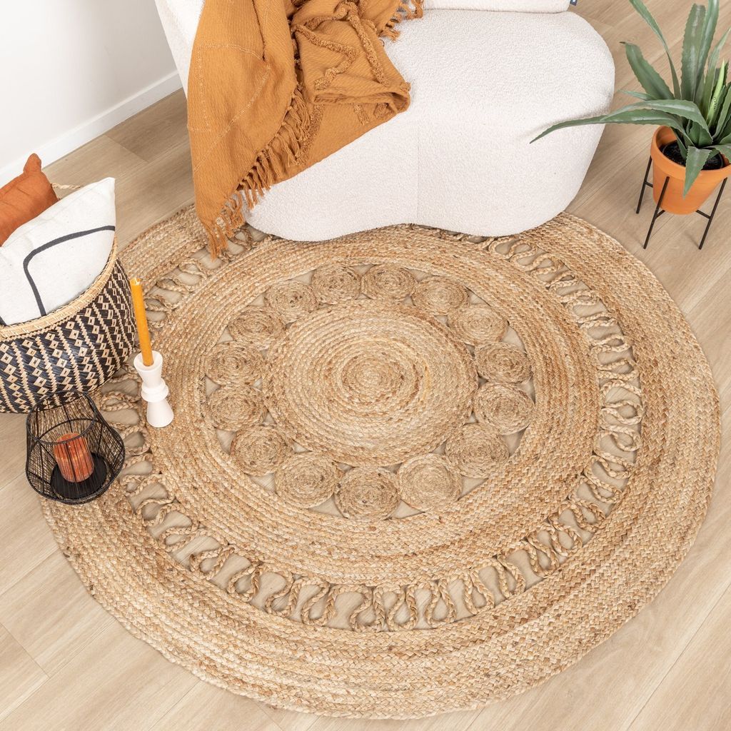 Jute Teppich Rund - Fair Rotan Natur - Ø 120 cm - Wohnzimmer, Esszimmer, Schlafzimmer - FRAAI | Home & Living. - Boho, Ländlich, Modern