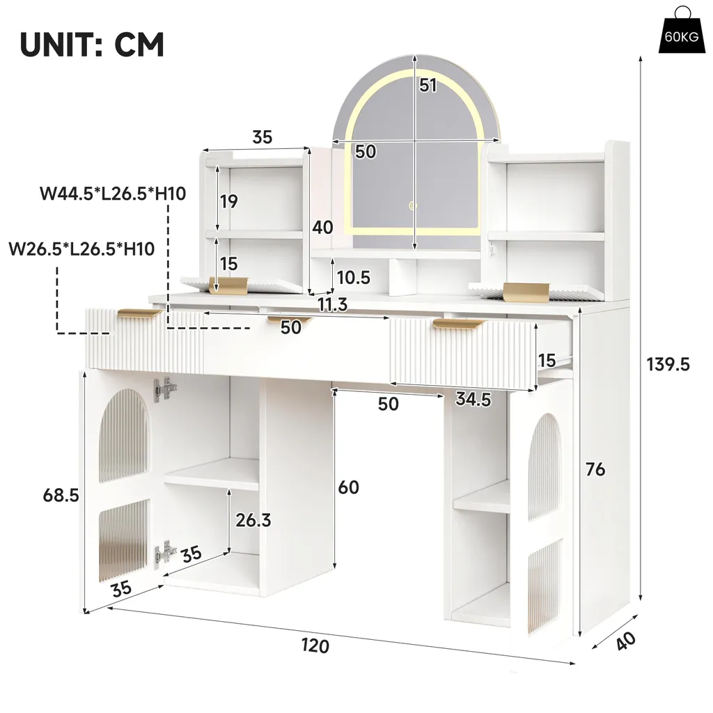 Coiffeuse avec miroir LED tactile, 3 tiroirs et vitrine, commode blanche - 6
